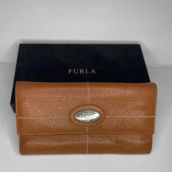 Furla Handbags - Furla Original Brown Pebbled Leather Brown Stitching  BiFold Wallet Golden Logo